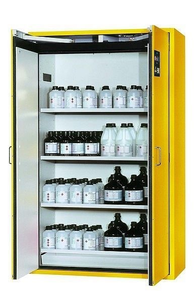 asecos Sicherheitsschrank S-CLASSIC-90, S90.196.120.WDAS in sicherheitsgelb RAL 1004 mit 4x Fachboden (Stahlblech), 30116-002-30131