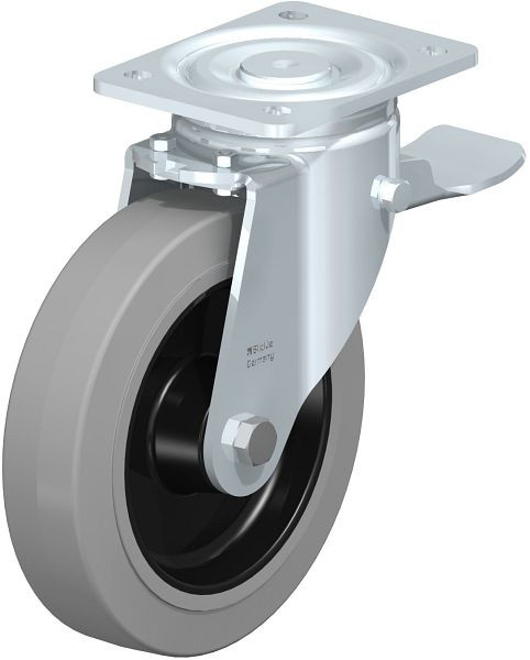 Blickle LH-POEV 200R-ST-SG Stahlblech-Lenkrolle, Schwerlast-Ausführung, mit Anschraubplatte & Feststeller, Elastik-Vollgummi, Grau, 6635