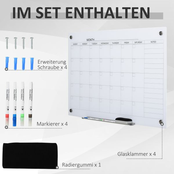 Vinsetto Kalendertafel Glasplatte mit 4 Glasclip Planungstafel Weiß, 911-014