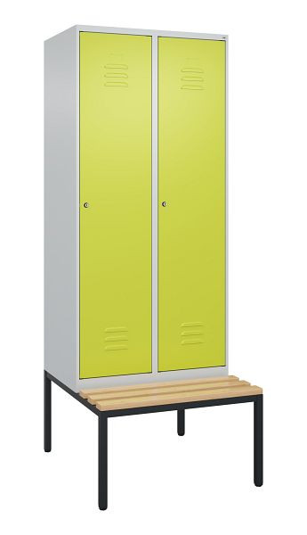 C+P Umkleidespind Classic PLUS, mit untergebauter Sitzbank, 2 Abteile, 2120x800x815mm, 7035/0024, Zylinderschlösser, Buche-Sitzleisten, 0800507-22 S10054