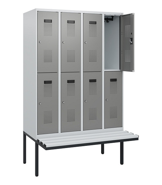 C+P Doppelstock-Spind Evolo PLUS, Bank, 8 Fächer, 1950x1200x815mm, 7035/0004, Zylinderschloss, Sitzfläche Kunststoff, 0493405-40 S10149