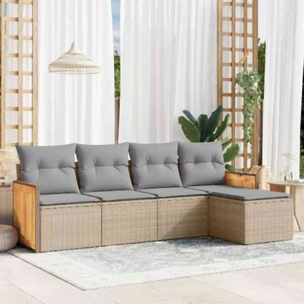 vidaXL 5-tlg. Garten-Sofagarnitur mit Kissen Beige Poly Rattan, UV-beständig, 3227599