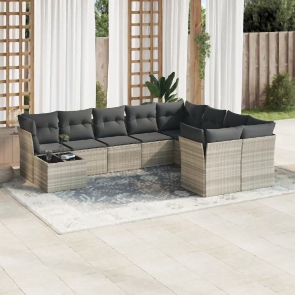 vidaXL 10-tlg. Garten-Sofagarnitur mit Kissen Hellgrau Poly Rattan, 3218192
