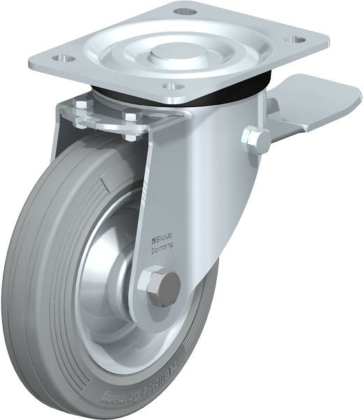 Blickle L-RD 162R-ST-VLI Stahlblech-Lenkrolle, mittelschwere Ausführung, mit Anschraubplatte & Feststeller, Zweikomponenten-Vollgummi, Grau, 104968