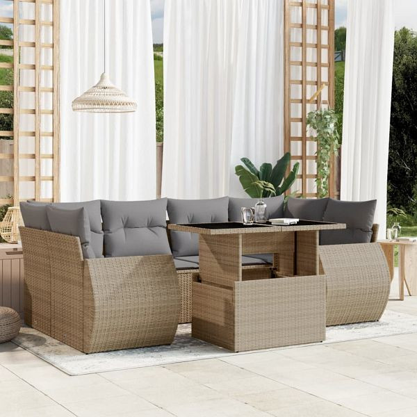 vidaXL 7-tlg. Garten-Sofagarnitur mit Kissen Beige Poly Rattan, 3268389