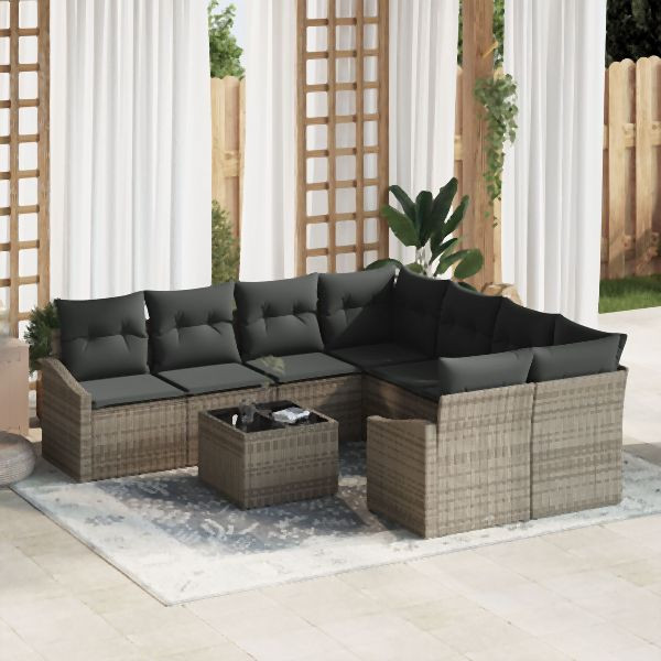 vidaXL 9-teiliges Garten-Dining-Set mit Kissen Grau Poly-Rattan, 3355328