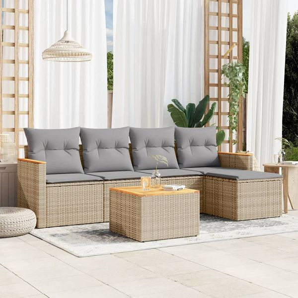 vidaXL 6-tlg. Garten-Sofagarnitur mit Kissen Beige Poly Rattan, 3258328