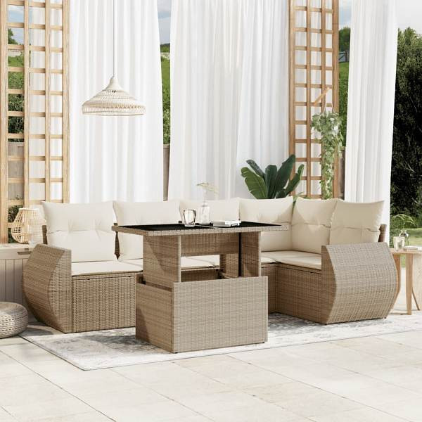 vidaXL 6-tlg. Garten-Sofagarnitur mit Kissen Beige Poly Rattan, UV-beständig, 3268518
