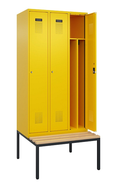 C+P Spind Evolo PLUS, 3 Abteile, 2120x900x815mm, 1023/1023, Haken 4, Zylinderschloss, Sitzfläche Buche-Hartholz, Sitzbank, 0490507-30F S10049