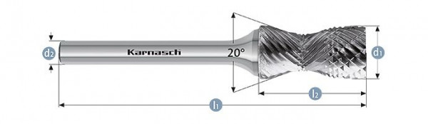 Karnasch Hartmetall-Frässtift unbeschichtet d1= 12,0 / l2= 25 / d2= 6 / l1= 70mm Combi+Curve, 114019100