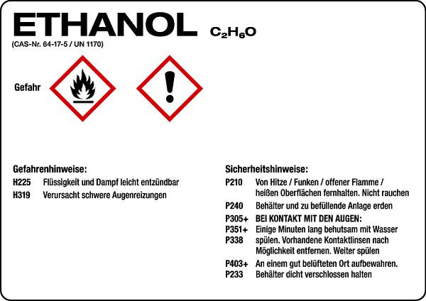 Schilder Klar Gefahrengutkennzeichnung GHS-Gefahrstoffetiketten: Ethanol, 105x74 mm Folie selbstklebend, 506/31