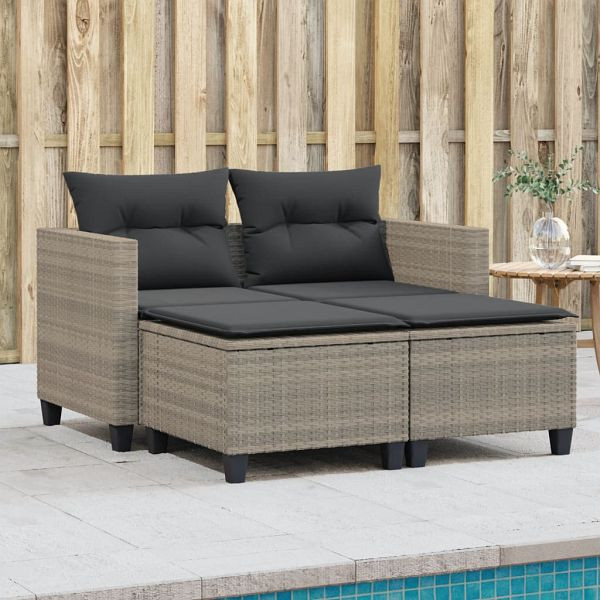 vidaXL Gartensofa 2-Sitzer mit Hockern Hellgrau Poly Rattan, 365796