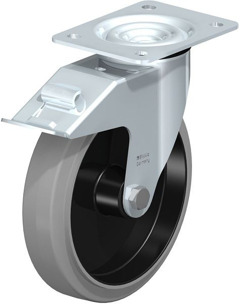 Blickle LE-POEV 201XR-FI-SG Stahlblech-Lenkrolle mit Anschraubplatte & Feststeller, Elastik-Vollgummi, Grau, 850240