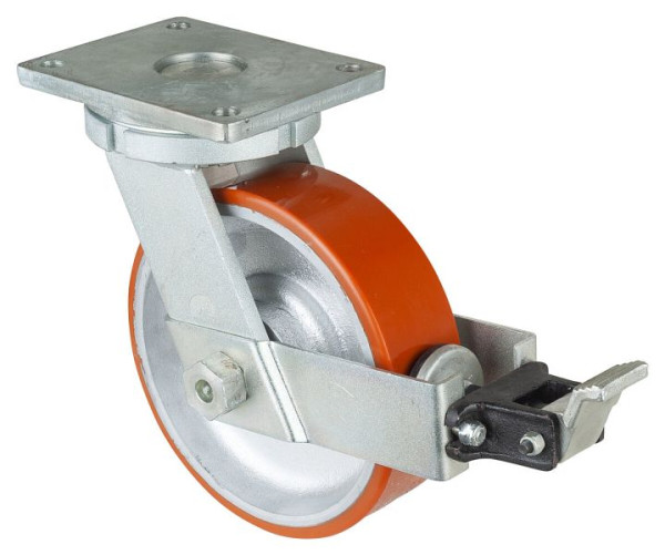 BS Rollen Schwerlastrolle mit Rad-/Feststeller, Breite 75 mm, Ø250 mm, bis 1600 kg, Guss-Polyurethan 95 Shore A, Körper Guss, Kugellager, RR120.C10.252