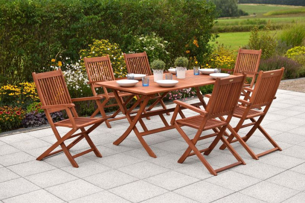 Merxx Rio Set 7-teilig, 6 Rio Klappsessel, 1 Klappentisch, 160 x 90 cm, FSC Eukalyptusholz, 50551-011