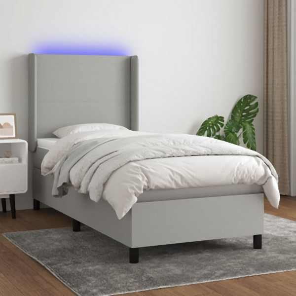vidaXL Boxspringbett mit Matratze & LED Hellgrau 100x200 cm Stoff, 3138133