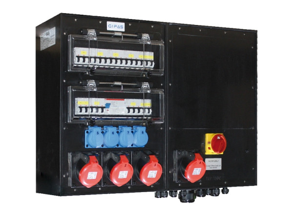 GIFAS Vollgummi-Wandverteiler Typ 7900, 1x CEE 63/32/16 400, 2x Schuko, LS, 3x FI, 2x Trenntransformator 230/230 630VA, 2x PG unten, 294866