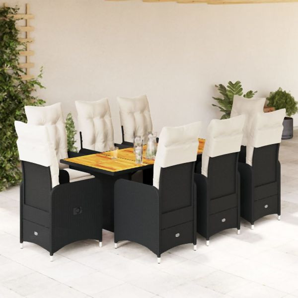 vidaXL 9-tlg. Garten-Bistro-Set mit Kissen Schwarz Poly Rattan, 3277134