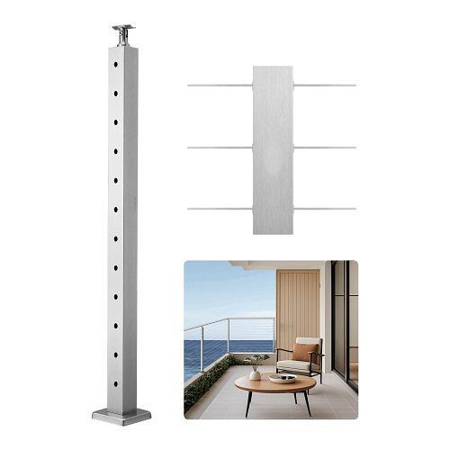 VEVOR Geländerpfosten 106,7x5x5 cm, Edelstahl, vorgebohrt mit Halterung, Terrassengeländer-Set, Silber, 1JZLGZXYS1061EF8W001V0