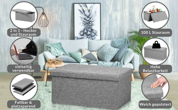 casaria Sitzbank Grau 80x40x40cm MDF faltbar, 101620, 4251779112838