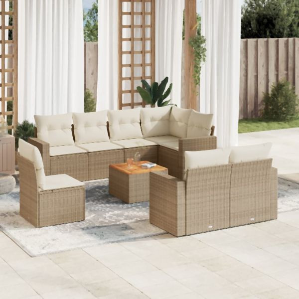 vidaXL 9-tlg. Garten-Sofagarnitur mit Kissen Beige Poly Rattan, 3256548