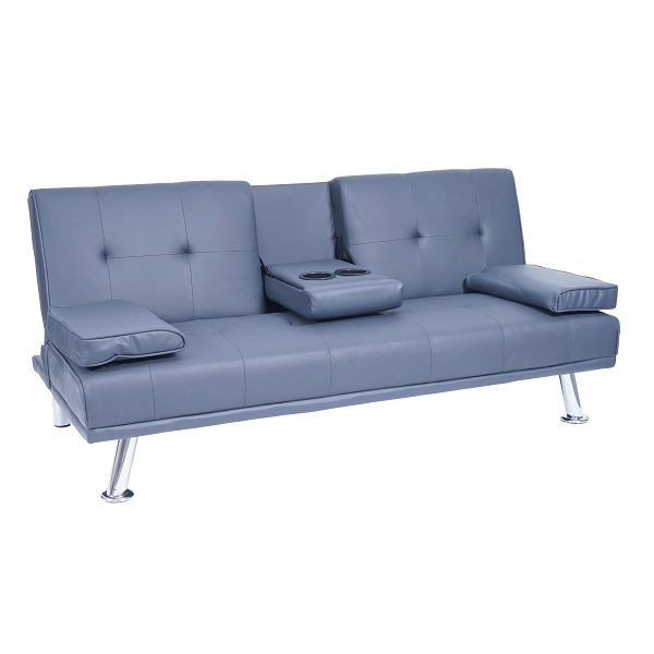 Mendler 3er-Sofa HWC-F60, Couch Schlafsofa Gästebett, Tassenhalter verstellbar 97x166cm, Kunstleder, dunkelblau, 70179