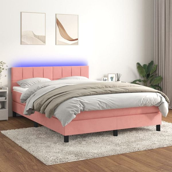vidaXL Boxspringbett mit Matratze & LED Rosa 140x190 cm Samt, 3134404