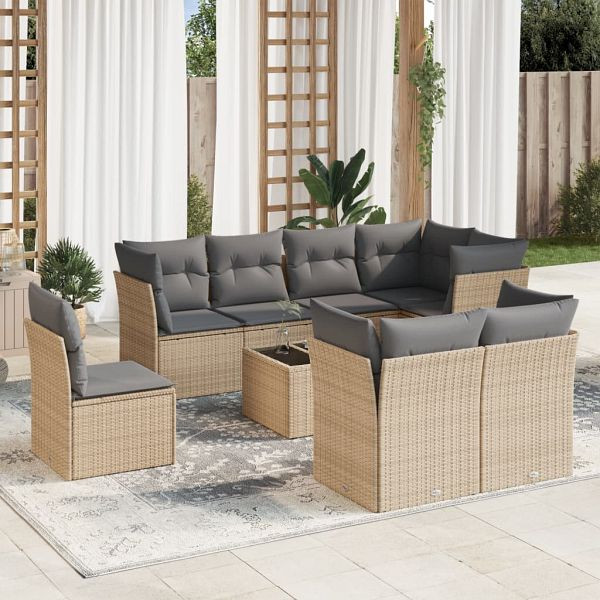 vidaXL 9-teilig Garten-Sofagarnitur mit Kissen Beige Poly Rattan, 3217939
