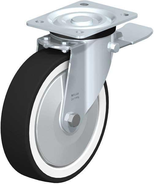 Blickle L-POTH 200K-ST-FA Stahlblech-Lenkrolle, mittelschwere Ausführung, mit Anschraubplatte & Feststeller, Thermoplastisches Polyurethan, Grau, 38489