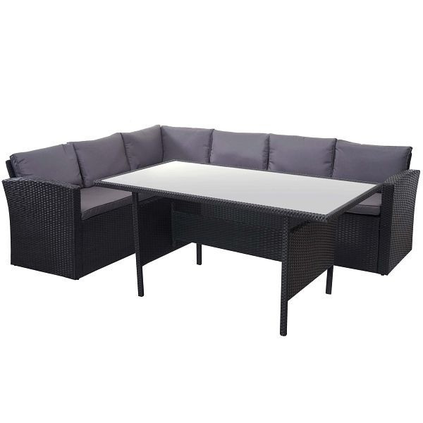 Mendler Poly-Rattan-Garnitur HWC-A29, Gartengarnitur Sitzgruppe Lounge-Esstisch-Set, schwarz, Kissen dunkelgrau, 64388+64389