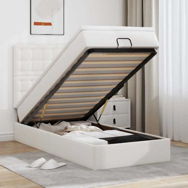 vidaXL Ottoman-Bett mit Matratze & LEDs Weiß 90x200 cm Kunstleder, 3313831