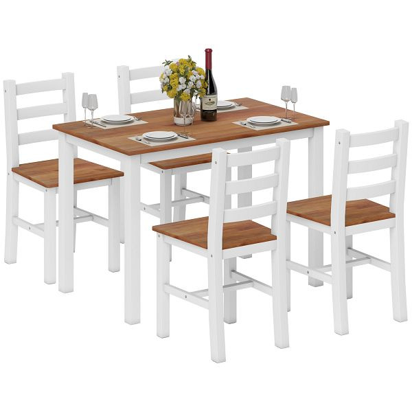 HOMCOM Essgruppenset, Esstisch, 4 Stühle, Esszimmerset, Kiefernholz, Braun+Weiß, 83A-270V90BN