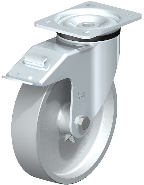 Blickle LK-G 200G-FI Stahlblech-Lenkrolle, schwere Ausführung, mit Anschraubplatte & Feststeller, Guss, Grau, 664607