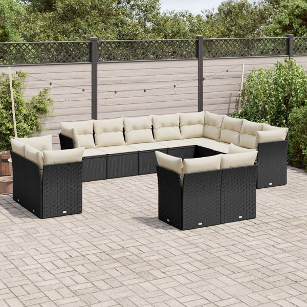 vidaXL 12-teilig Garten-Sofagarnitur mit Kissen Schwarz Poly Rattan, 3218526