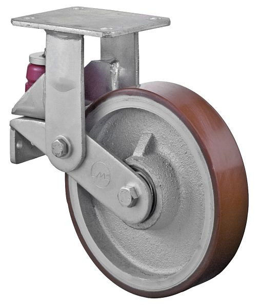 BS Rollen Gefederte Schwerlastrolle, Bockrolle, Breite 50 mm, Ø200 mm, bis 600 kg, Guss-Polyurethan 95 Shore A, Radkörper Guss, Kugellager, T110.C10.200