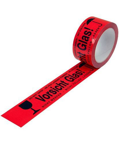 DENIOS Warn-Klebeband, PP, Aufdruck Vorsicht Glas, in signal-rot, 50 mm breit x 66 m, VE: 12 Rollen, 299567