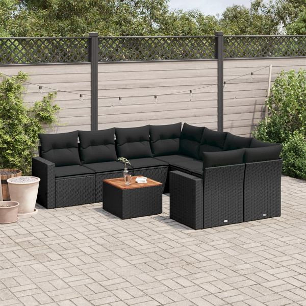 vidaXL 9-teilig Garten-Sofagarnitur mit Kissen Schwarz Poly Rattan, 3256377