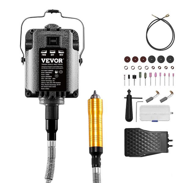 VEVOR Flexwellenschleifer Rotationswerkzeug, 1200W 30000U/min Fußpedal 31-teilig, DDDMJ1200WYXIFWS1V2