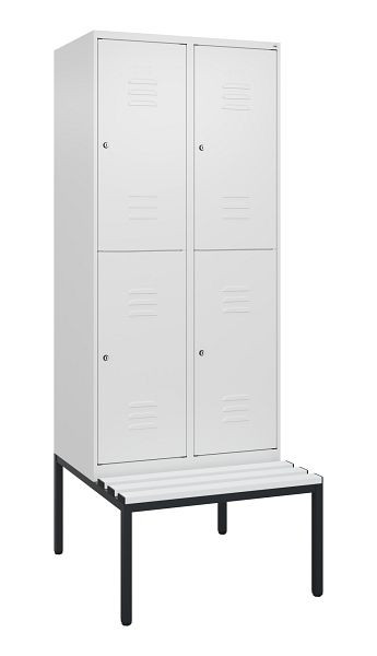 C+P Doppelstöckiger Spind Classic PLUS, 2 Abteile, 2120x800x815mm, 9016/9016, Zylinderschlösser, mit untergebauter Sitzbank, 0803507-22 S10029