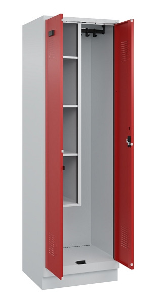 C+P Putzmittel-Spind Evolo PLUS, mit Sockel, 2 Abteile, 1950x600x500mm, 7035/300, Frontfarbe RAL 3000 feuerrot, Zylinderschloss, 049120-00 S10030