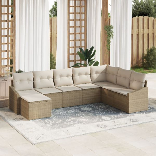 vidaXL 8-teiliges Garten-Essset mit Kissen Beige Poly-Rattan, 3355510