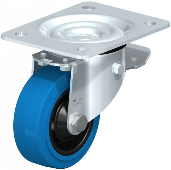 Blickle LK-POEV 100KD-3-ST-SB Stahlblech-Lenkrolle, schwere Ausführung, mit Anschraubplatte & Feststeller, Elastik-Vollgummi, Blau, 851027