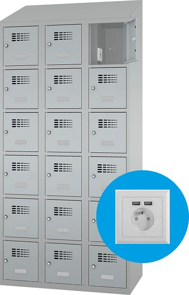 Eurobox Garderobenspind, 3 Abteile 18 Fächer, mit Steckdose, 400 mm, 1200-040306