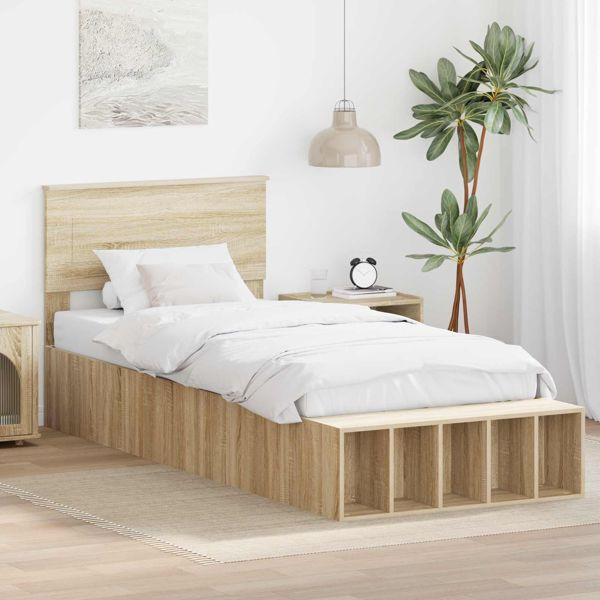 vidaXL Bettrahmen mit Regal Sonoma-Eiche 90 x 190 cm Holzwerkstoff, 3408405