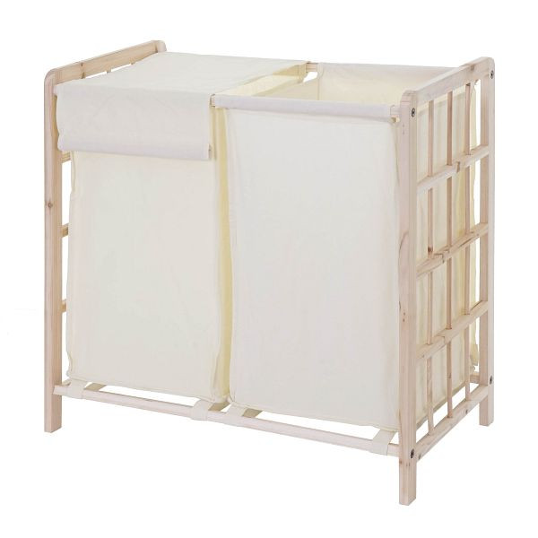 Mendler Wäschesammler HWC-B60, Laundry Wäschebox Wäschekorb, Massiv-Holz 2 Fächer 60x60x33cm 68l, hellbraun, Bezug creme, 60582