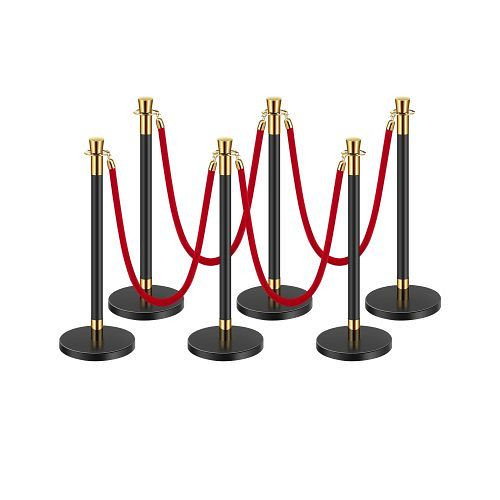 VEVOR Absperrpfosten, VE: 6 Stück, mit 4 roten Samtseilen (1,5 m), Edelstahl, nachfüllbarer Sockel, Schwarz, für Ausstellungen, GTGLZDSDHSHRB61UZV0
