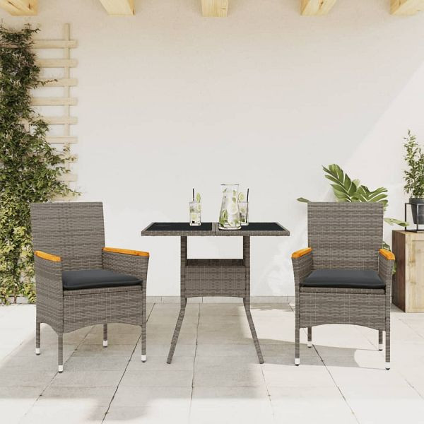 vidaXL 3-teilig Garten-Essgruppe mit Kissen Grau Poly Rattan und Glas, 3278705