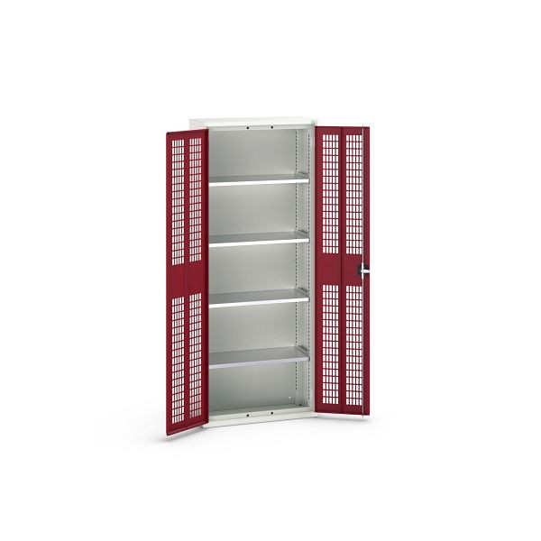 bott verso Flügeltürschrank mit Belüftung, mit 4 Fachböden, BxTxH: 800 x 350 x 2000 mm, Lichtgrau / Purpurrot, 16926733.24