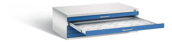 C+P Flachablageschrank Serie 7100_7200, H420xB1350xT960mm, Farbe: Lichtgrau / Enzianblau, Bügelgriff, 7200-000 S10148
