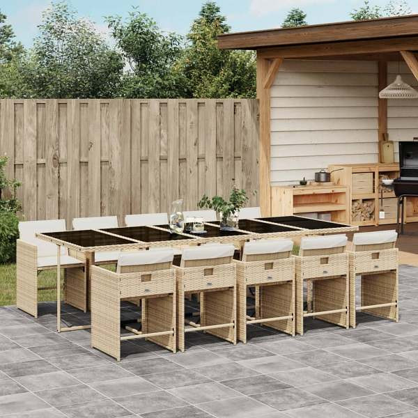 vidaXL 11-tlg. Garten-Essgruppe mit Kissen Beige Poly Rattan, UV-beständig, 3277881